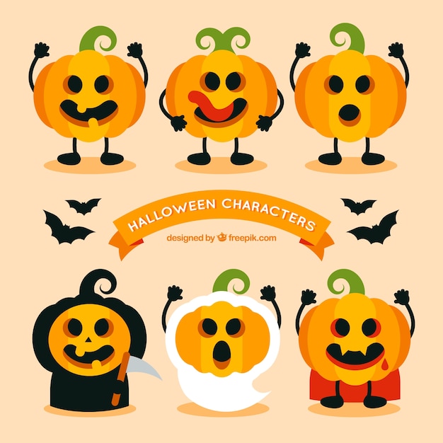 Vecteur gratuit citrouilles drôles avec des costumes d'halloween