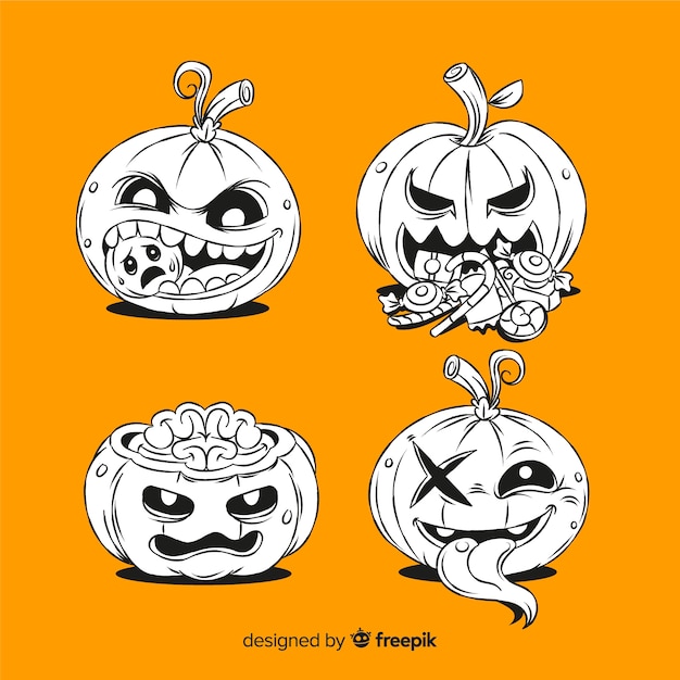 Vecteur gratuit citrouilles spooky dessinés à la main sur fond orange