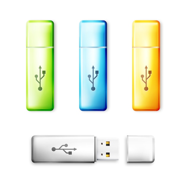 Vecteur gratuit clé usb sur fond blanc. technologie de transfert de mémoire, dispositif de connexion portable électronique de stockage.