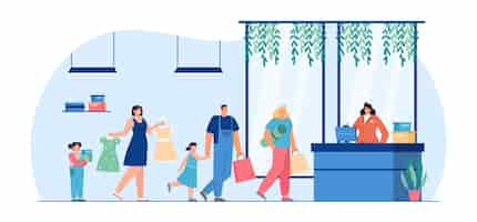 Vecteur gratuit client faisant la queue dans l'illustration vectorielle plane de la boutique. homme, femmes et enfants attendant dans la file d'attente pour payer l'achat, achetant de nouveaux vêtements et robes. shopping familial, concept de centre commercial