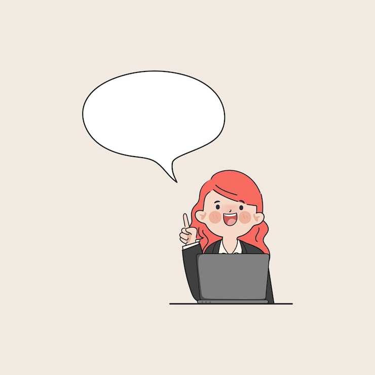 Vecteur gratuit clipart dessiné à la main femme d'affaires pointant avec un personnage de discours de bulle