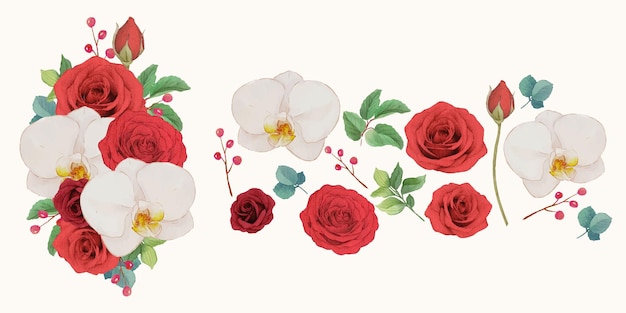 Clipart Fleur De Roses Rouges Et D'orchidées