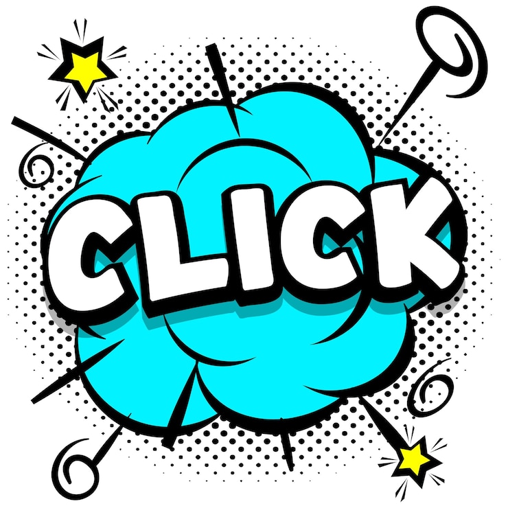 Vecteur gratuit cliquez sur modèle lumineux comique avec des bulles sur des cadres colorés