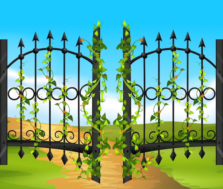 Vecteur gratuit clôture en métal avec vigne et fleurs