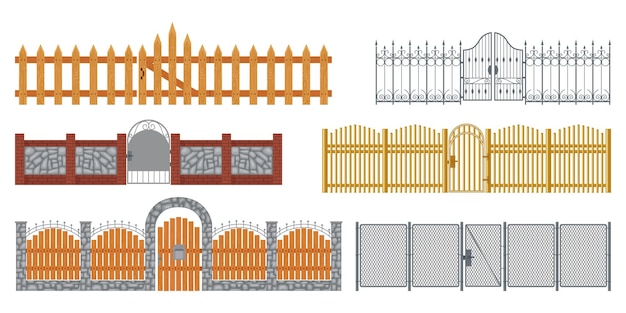 Clôtures Ensemble Plat D'icônes Isolées Avec Vue De Face Des Murs De Périmètre En Pierre Et Fer En Bois Illustration Vectorielle