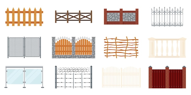 Vecteur gratuit clôtures plates serties d'icônes isolées de pièces d'escrime fabriquées avec divers matériaux sur illustration vectorielle fond blanc