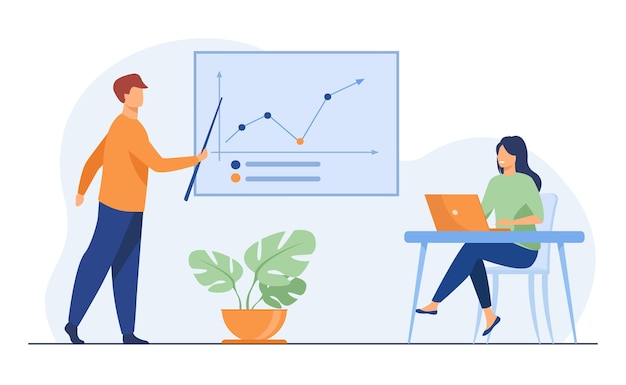 Vecteur gratuit coach d'affaires montrant le graphique de croissance à la femme d'affaires. ordinateur portable, formation, illustration plate de statistiques. concept d'analyse et de gestion pour bannière, conception de site web ou page web de destination