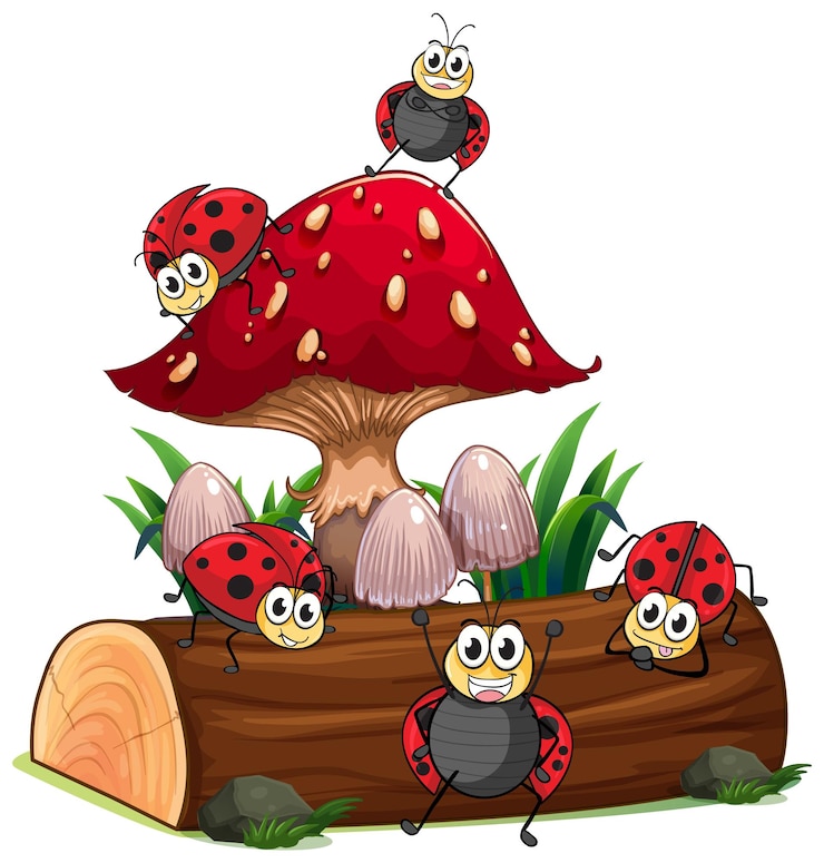 Vecteur gratuit des coccinelles heureuses sur un champignon