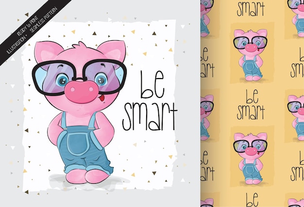 Vecteur gratuit cochon animal mignon avec modèle sans couture de caractère lunettes