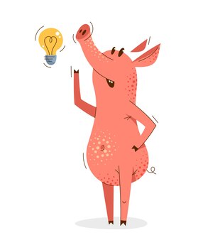 Cochon de dessin animé drôle pensant à une idée montrée avec illustration vectorielle d'ampoule, dessin de personnage de porc animal intelligent heureux.