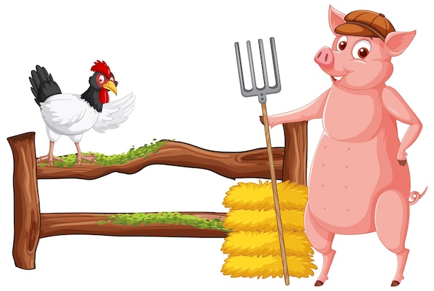 Vecteur gratuit cochon fermier tenant un râteau avec dessin animé de poulet