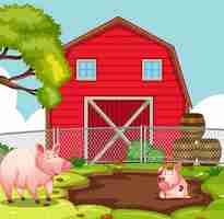 Vecteur gratuit cochon heureux sur les terres agricoles