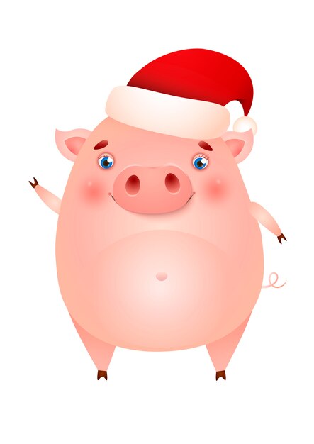 Cochon mignon drôle en bonnet de Noel agitant le sabot