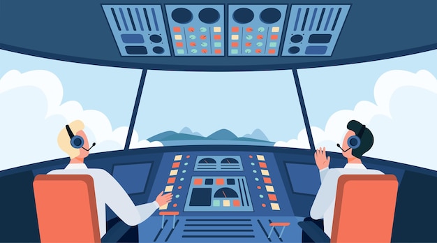 Vecteur gratuit cockpit d'avion coloré isolé illustration vectorielle plane. deux pilotes de dessins animés assis à l'intérieur de la cabine de l'avion devant le panneau de commande. équipage de conduite et concept d'avion