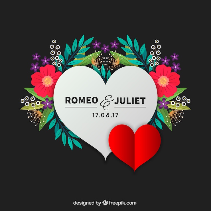 Vecteur gratuit coeur de romeo et julieta avec des fleurs fond