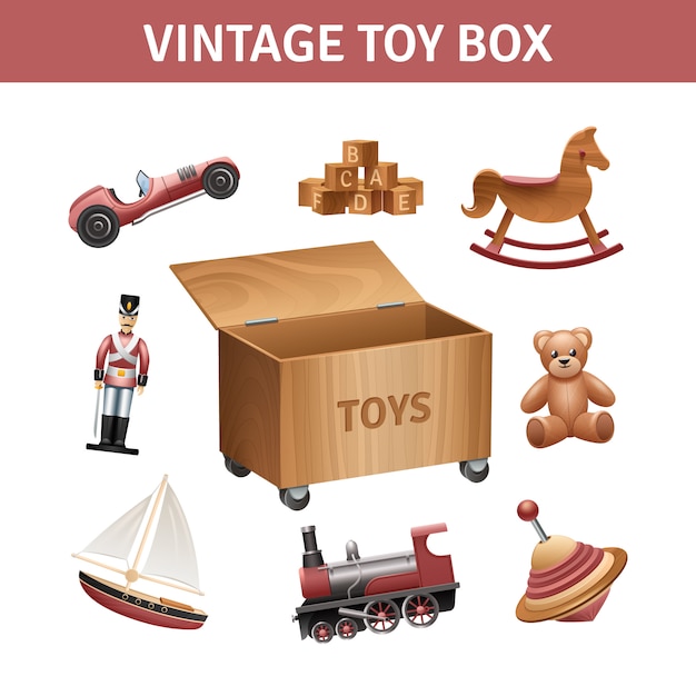 Vecteur gratuit coffre à jouets vintage avec train à bascule et bateau