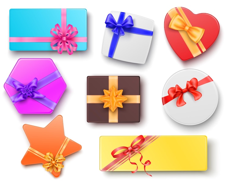 Vecteur gratuit coffrets cadeaux de différentes formes attachés avec du ruban et décorés par des arcs ensemble réaliste illustration vectorielle isolée