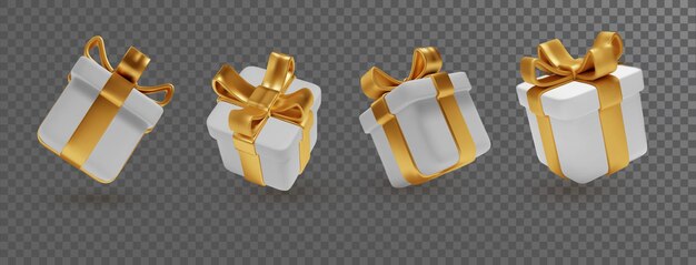 Coffrets cadeaux avec noeud de ruban d'or isolé sur fond transparent Boîte de surprise de vacances vecteur réaliste pour anniversaire ou mariage bannières de célébration de Noël