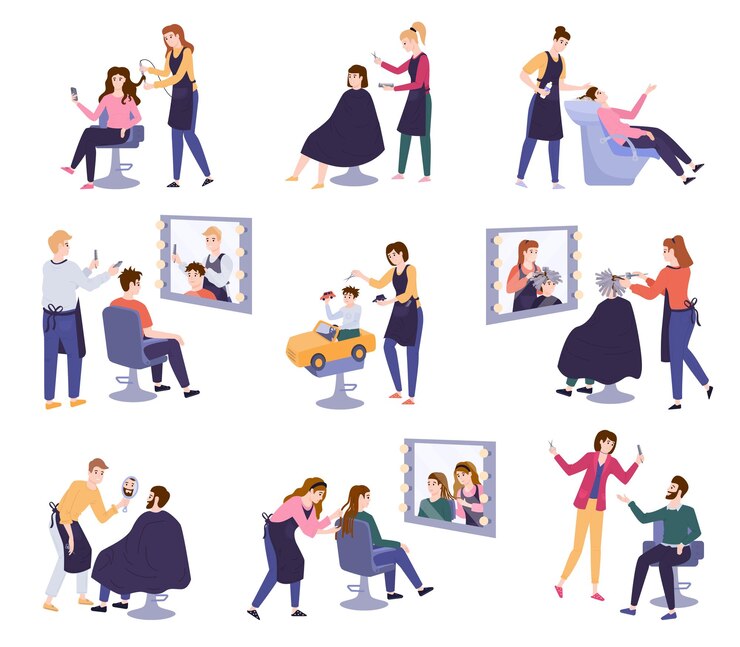 Vecteur gratuit coiffeurs barbiers et leurs clients heureux au salon de beauté ensemble plat isolé illustration vectorielle