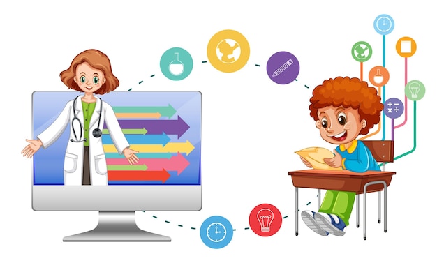 Écolier avec des icônes d'ordinateur et d'éducation