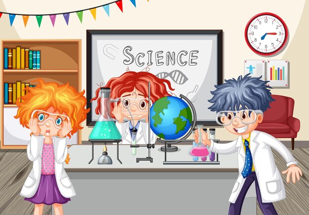 Écoliers faisant une expérience de chimie dans la salle de classe