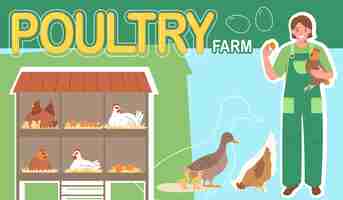 Vecteur gratuit collage de couleur plate de ferme avicole avec des nids d'oiseaux domestiques et une ouvrière tenant une illustration vectorielle de poule et d'oeuf