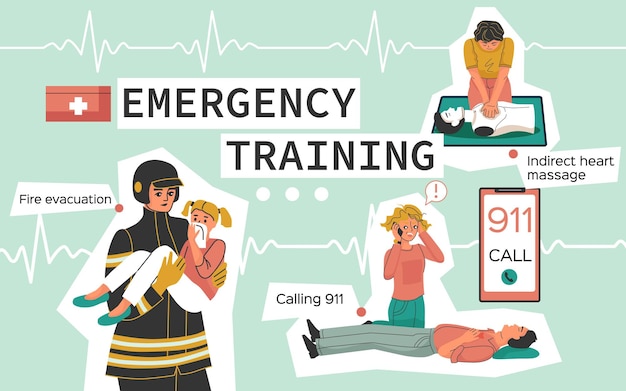 Vecteur gratuit collage de formation d'urgence avec symboles de massage cardiaque illustration vectorielle plane