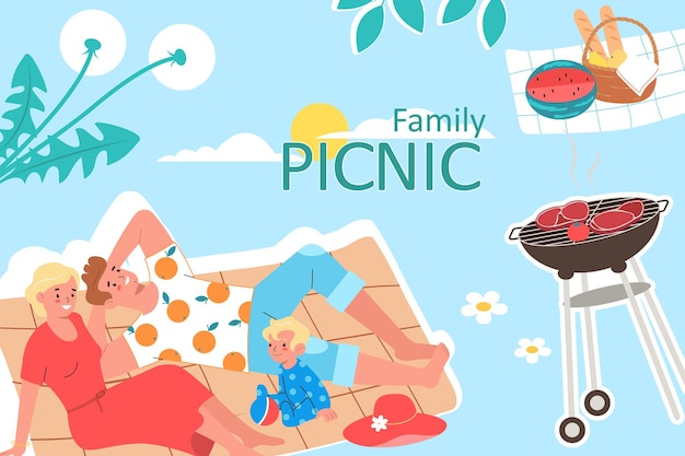Vecteur gratuit collage de pique-nique familial avec une collation savoureuse dans un panier grill et illustration de vecteur plat familial relaxant heureux