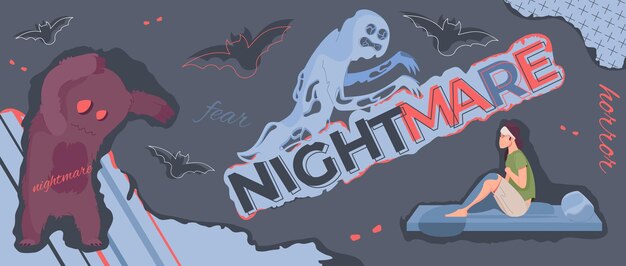 Vecteur gratuit collage plat de cauchemar avec des chauves-souris monstres et une femme effrayée assise sur le lit en illustration vectorielle de sueurs froides