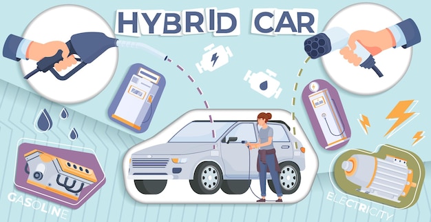 Vecteur gratuit collage de voiture hybride avec symboles d'essence et de batterie illustration vectorielle plane