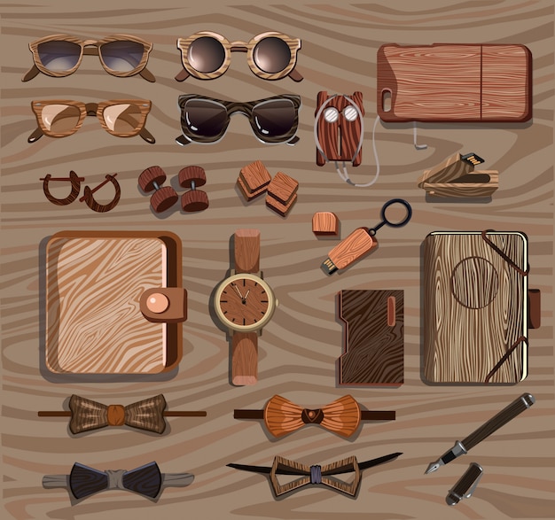 Vecteur gratuit collection d'accessoires en bois hipster