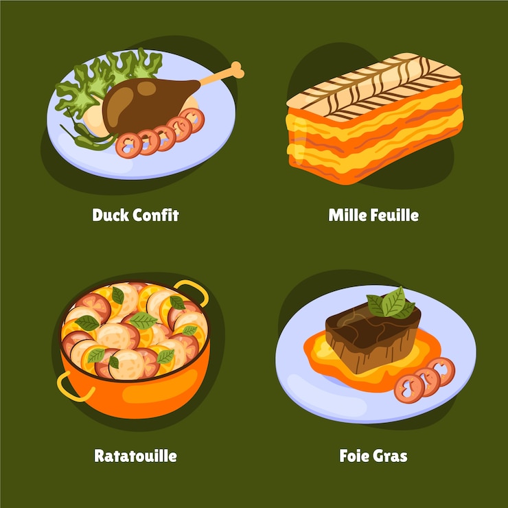 Vecteur gratuit collection d'aliments de cuisine française dessinés à la main