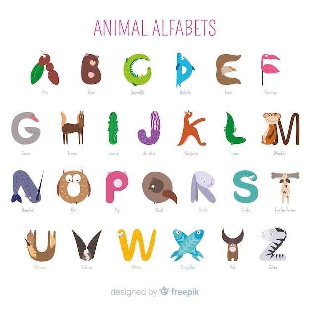 Vecteur gratuit collection d'alphabet animal en guise d'introduction à l'école