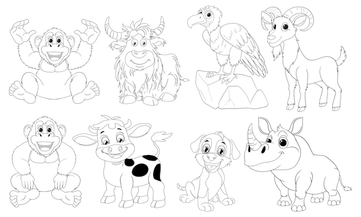 Vecteur gratuit une collection d'animaux de dessins animés joyeux
