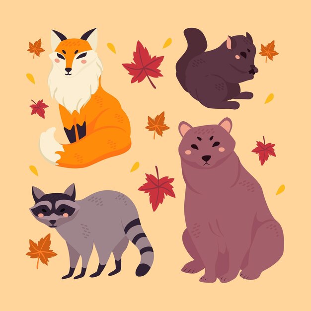 Collection d'animaux de forêt d'automne dessinés à la main