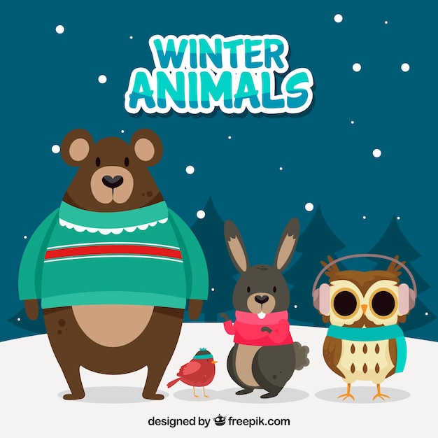 Vecteur gratuit collection d'animaux de forêt plat hiver