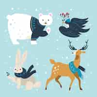 Vecteur gratuit collection d'animaux d'hiver plat dessinés à la main