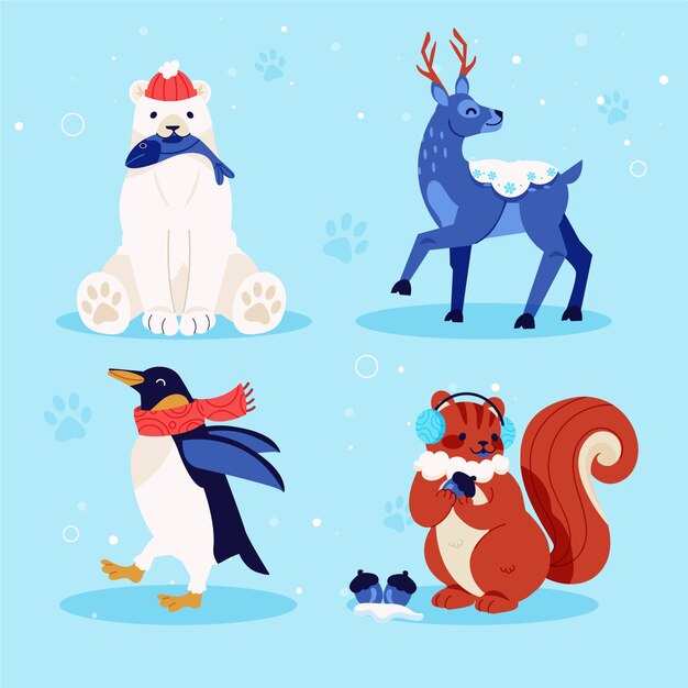 Collection d'animaux d'hiver plat dessinés à la main