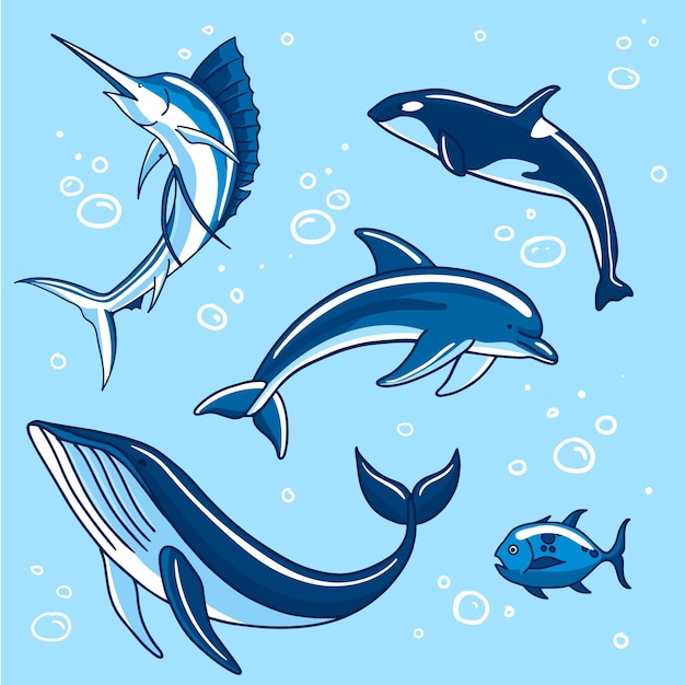 Vecteur gratuit collection d'animaux marins design plat dessinés à la main
