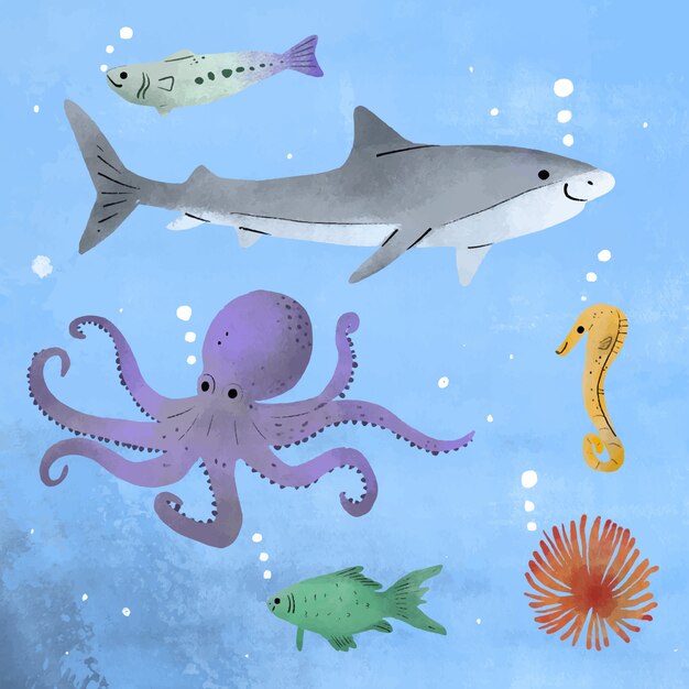 Collection d'animaux marins dessinés à la main