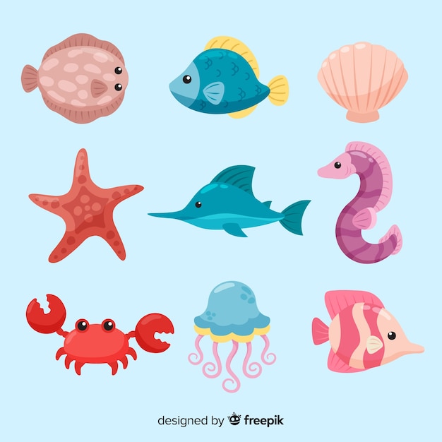 Vecteur gratuit collection d'animaux marins kawaii colorés