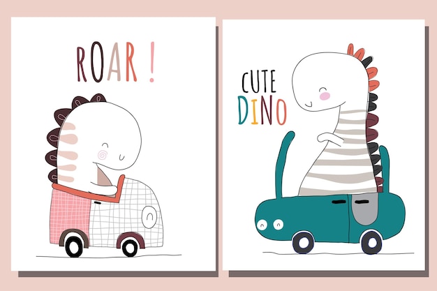 Vecteur gratuit collection d'animaux mignons plats dino sur l'illustration de la voiture pour les enfants personnage mignon dino