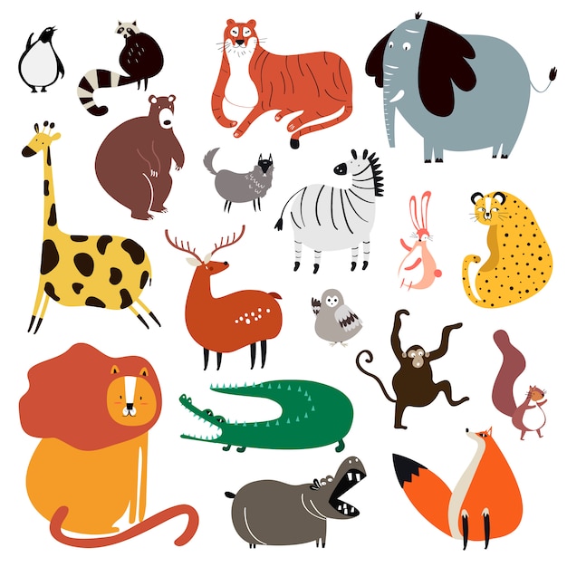 Collection D'animaux Sauvages Mignons En Vecteur De Style Dessin Animé