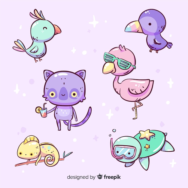 Collection d'animaux tropicaux dessinés à la main