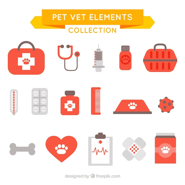 Vecteur gratuit collection d'animaux et vétérinaires objets design plat