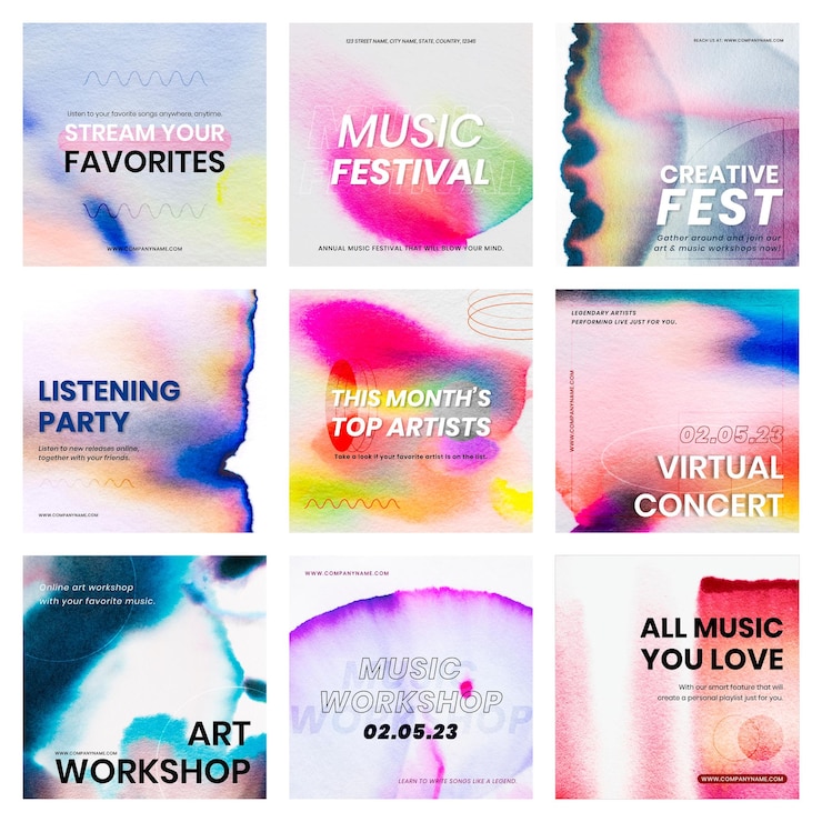 Vecteur gratuit collection d'annonces de médias sociaux d'événement de vecteur de modèle de musique colorée de chromatographie