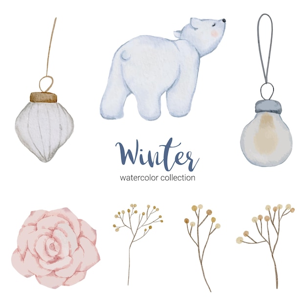 Collection d'aquarelle d'hiver avec des articles pour un usage domestique et un ours blanc