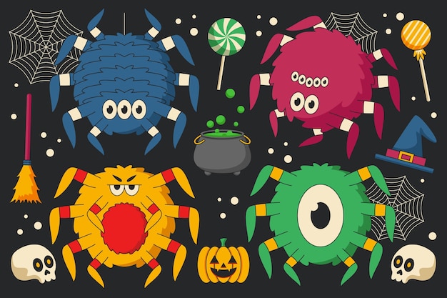 Vecteur gratuit collection d'araignées d'halloween dessinées à la main