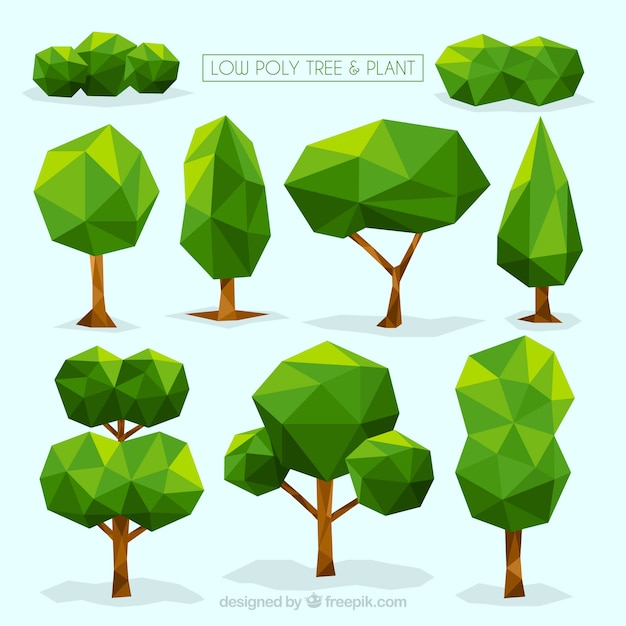 Vecteur gratuit collection d'arbres et d'arbustes dans la conception polygonale