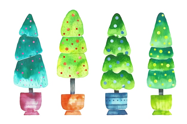 Collection d'arbres de Noël aquarelle